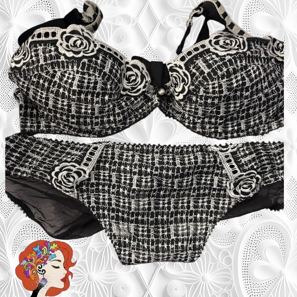 Black and White Floral Lace Tweed Bra & Panty Set